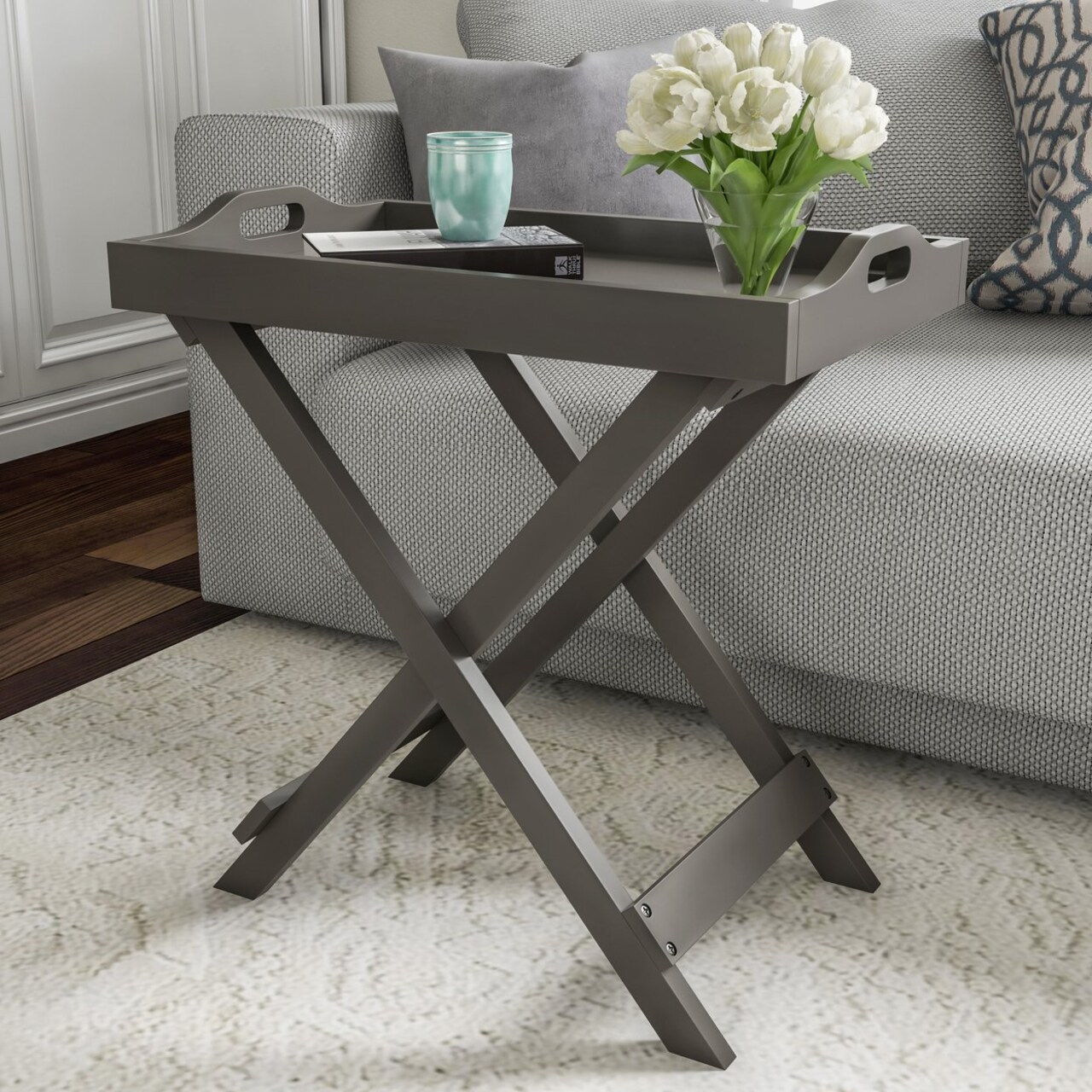 Gray Wooden Folding Tray Table With Removable Top Portable End Table 22Lbs Capacity